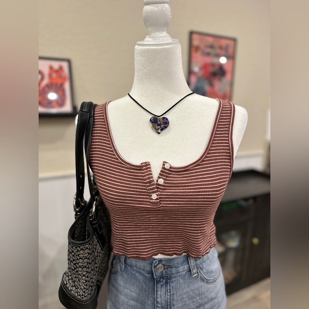 American Eagle Henley Striped Brown Crop Top Women’s Medium